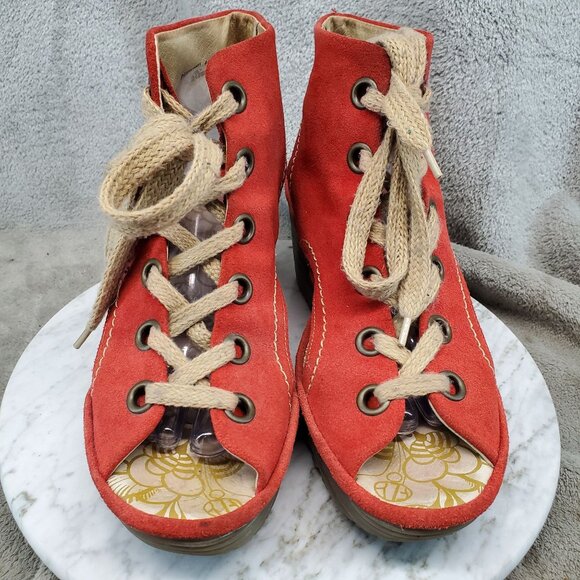 Fly London Shoes Womens EU 41 US 10 Red Suede Yaba Lace Up Booties - Picture 3 of 11